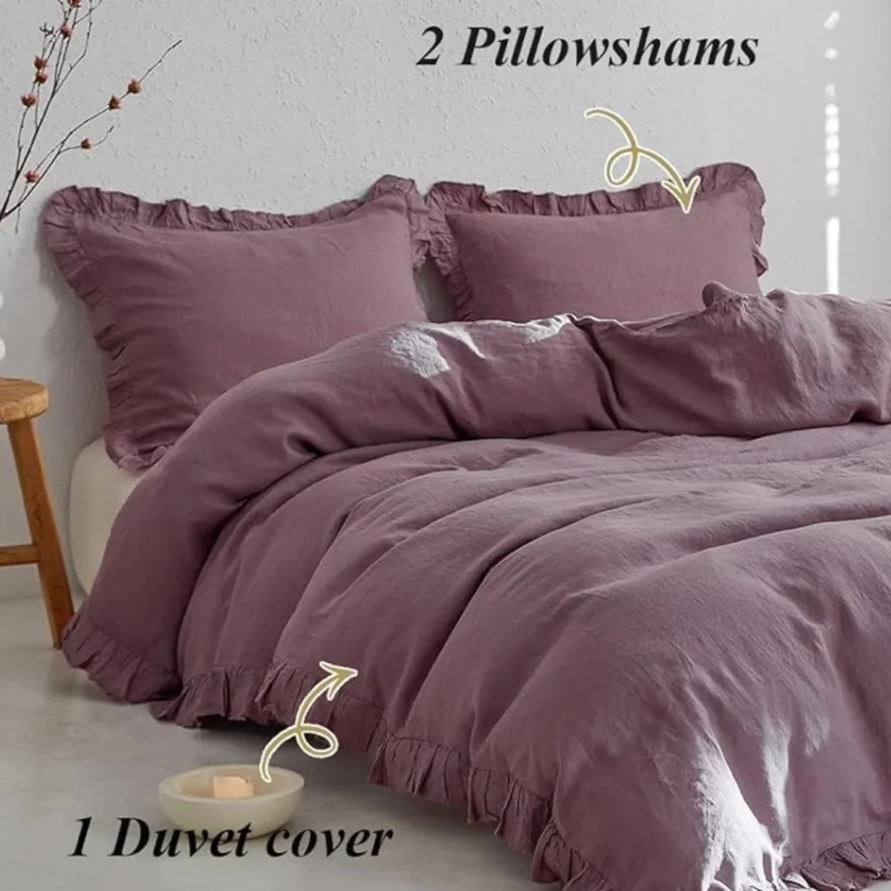 🆕 Linen Duvet Set Ruffle Luxury Washable King Bedding Set NEW NWT Purple Pink